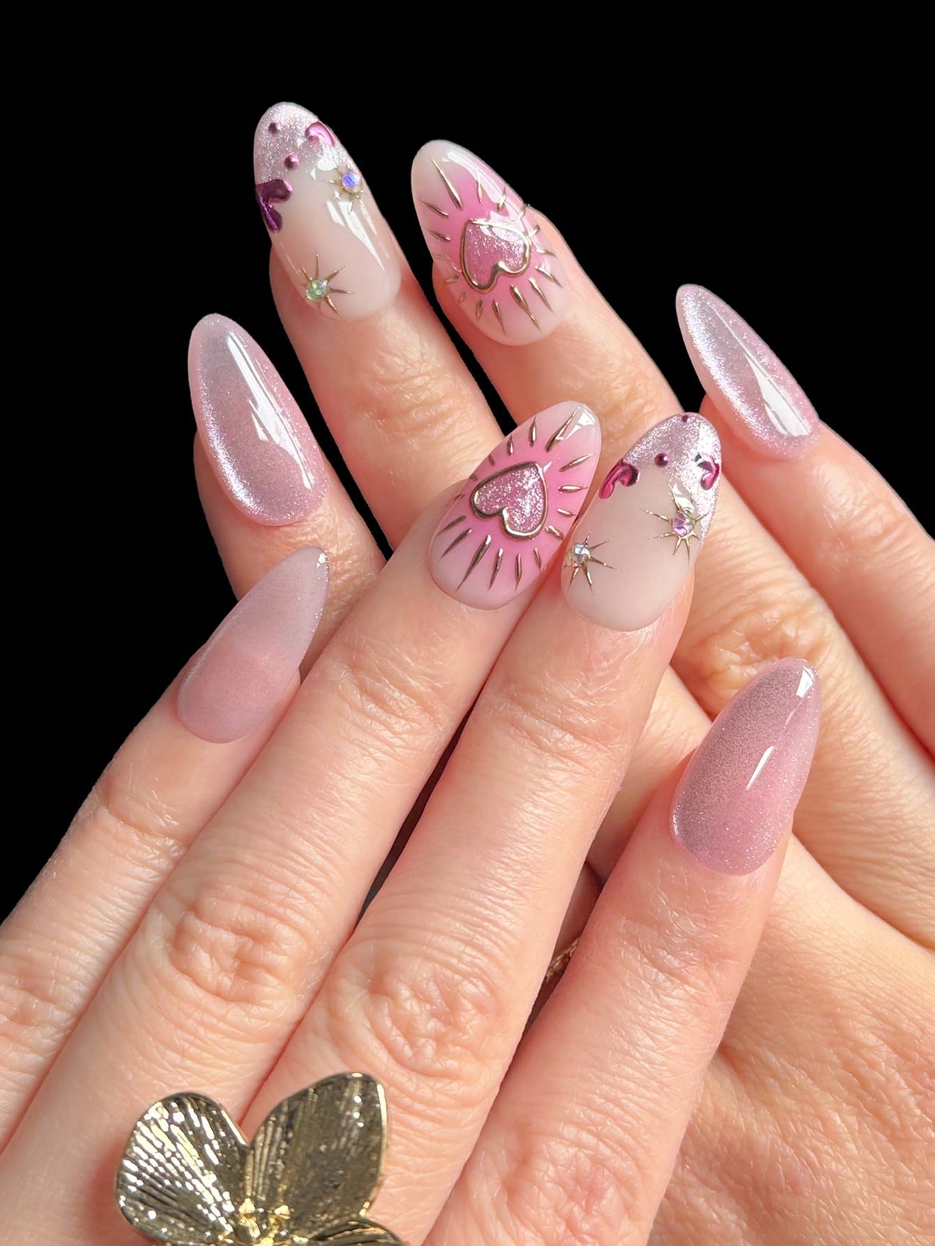 Handmade Pink Cat Eye Almond Press-On Nails (10pcs)
