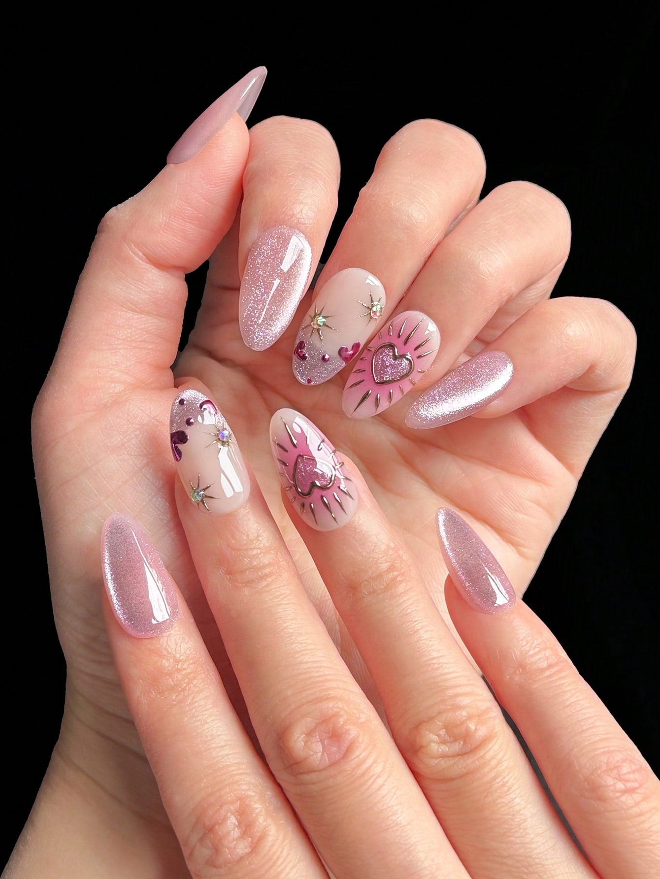 Handmade Pink Cat Eye Almond Press-On Nails (10pcs)