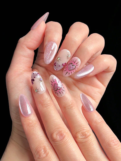 Handmade Pink Cat Eye Almond Press-On Nails (10pcs)
