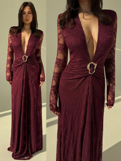 Elegant Burgundy Lace Deep V-Neck Maxi Dress