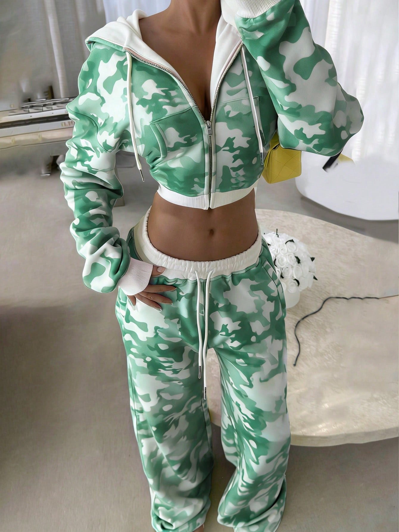 Women's Camouflage Cropped Hoodie and Sweatpants Set