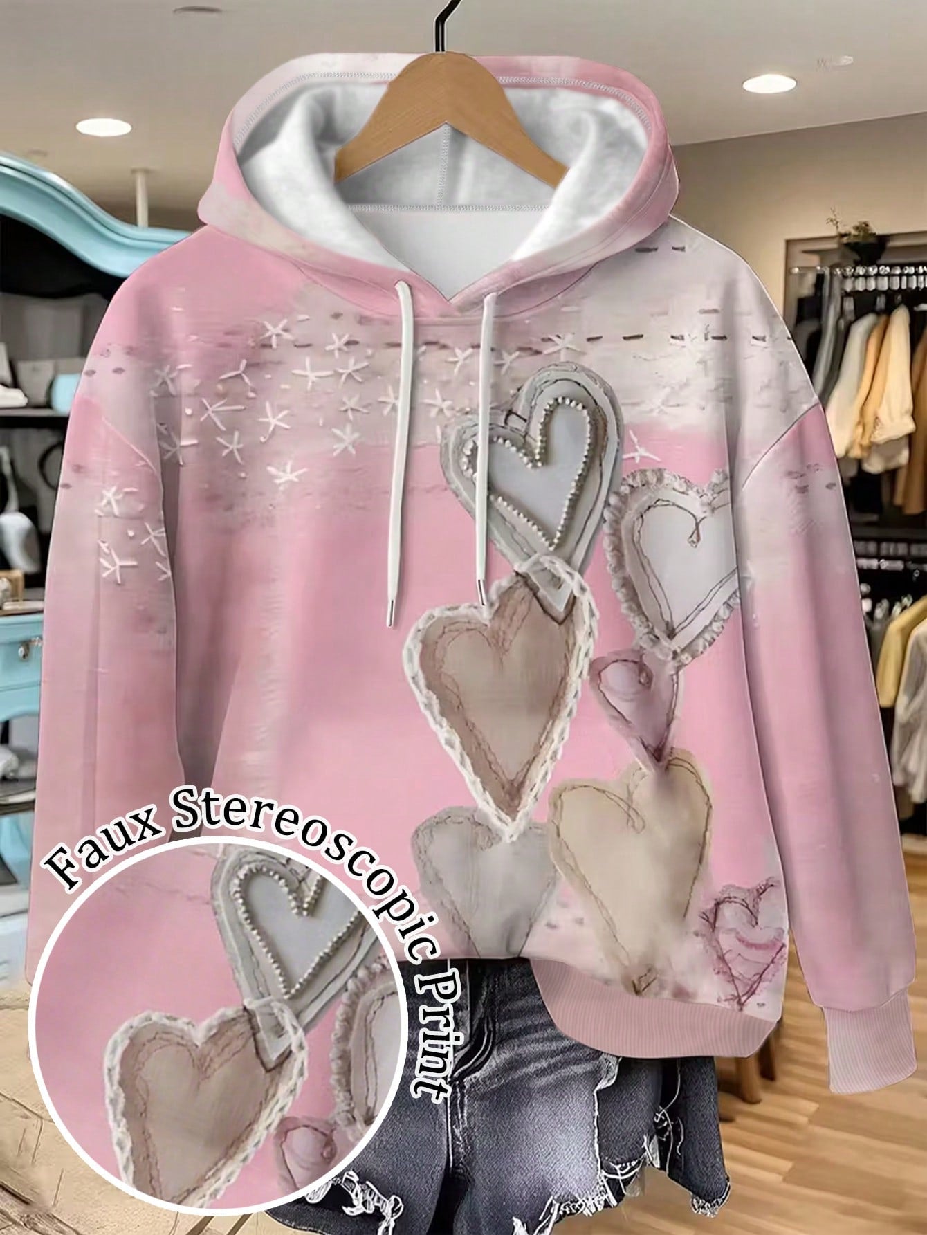 Plus Size Pink Romantic Sea Salt Heart Vintage Hoodie