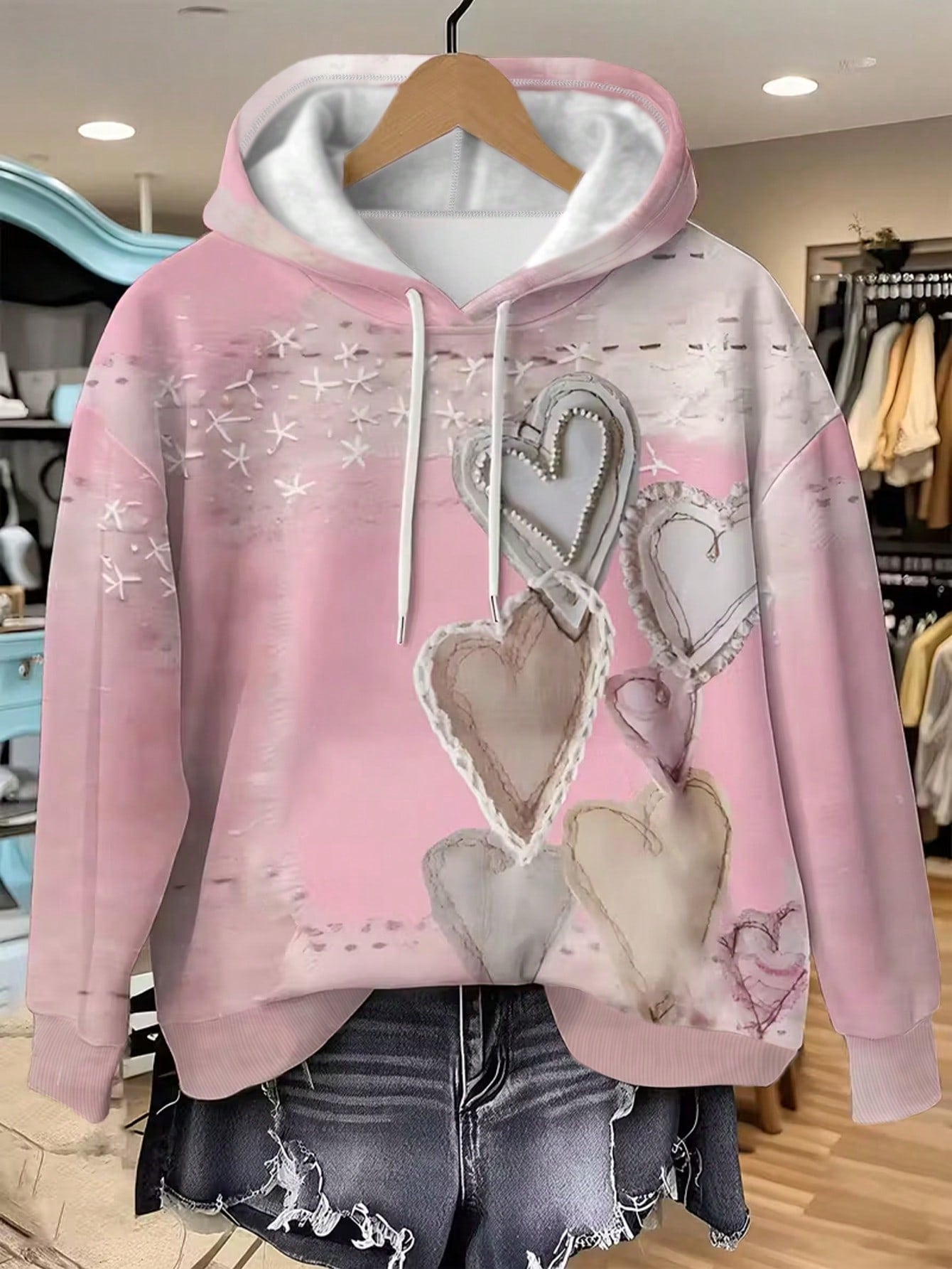 Plus Size Pink Romantic Sea Salt Heart Vintage Hoodie