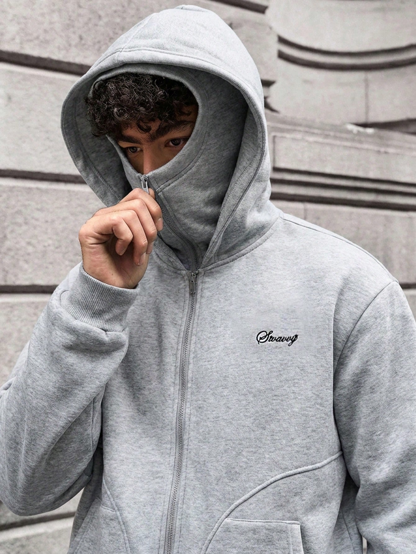 Men's Letter Print Zip Front Casual Grey Streetwear Hoodie