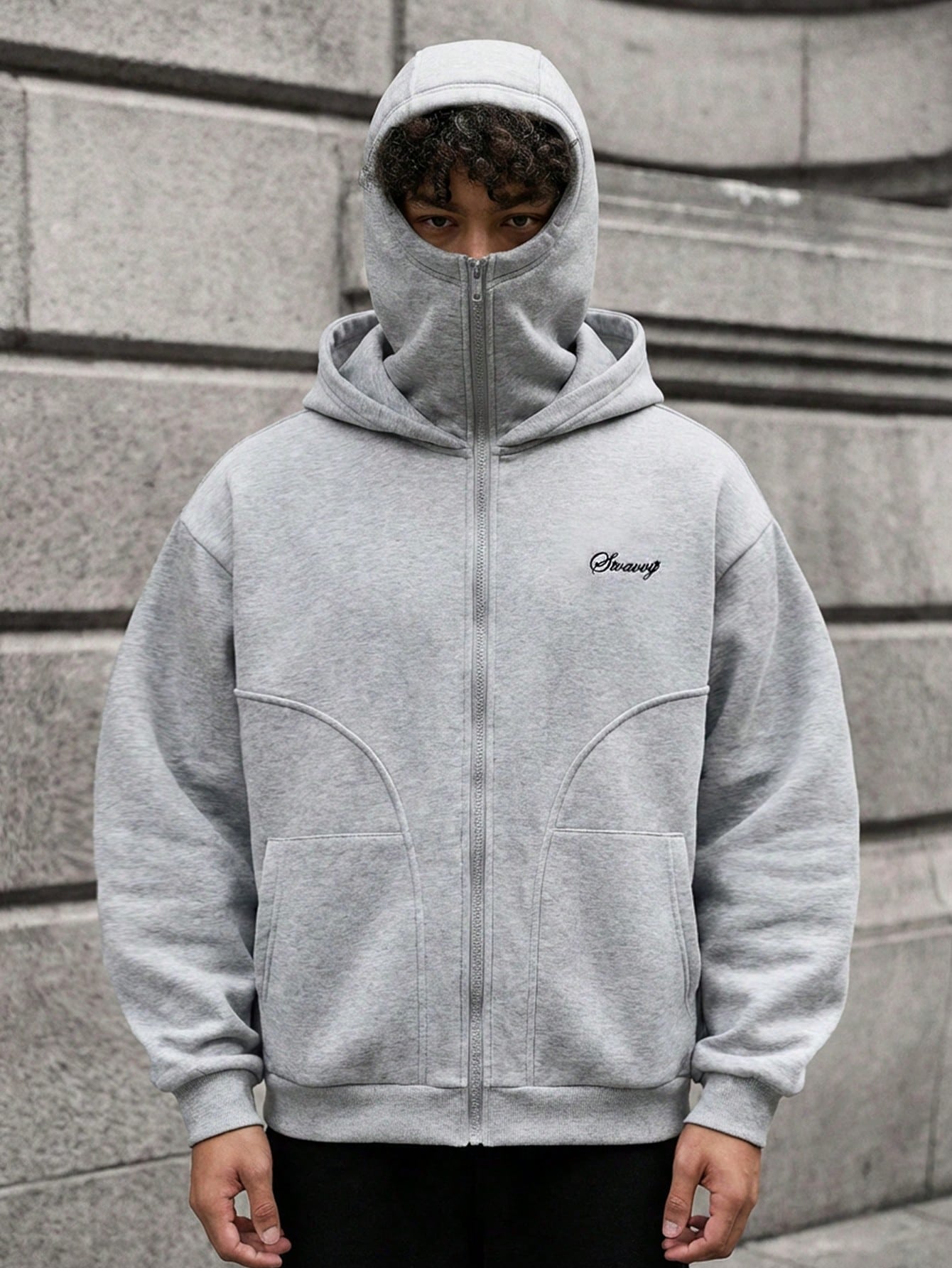 Men's Letter Print Zip Front Casual Grey Streetwear Hoodie