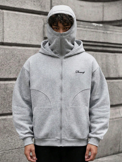 Men's Letter Print Zip Front Casual Grey Streetwear Hoodie