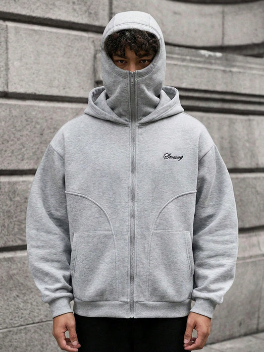 Men's Letter Print Zip Front Casual Grey Streetwear Hoodie