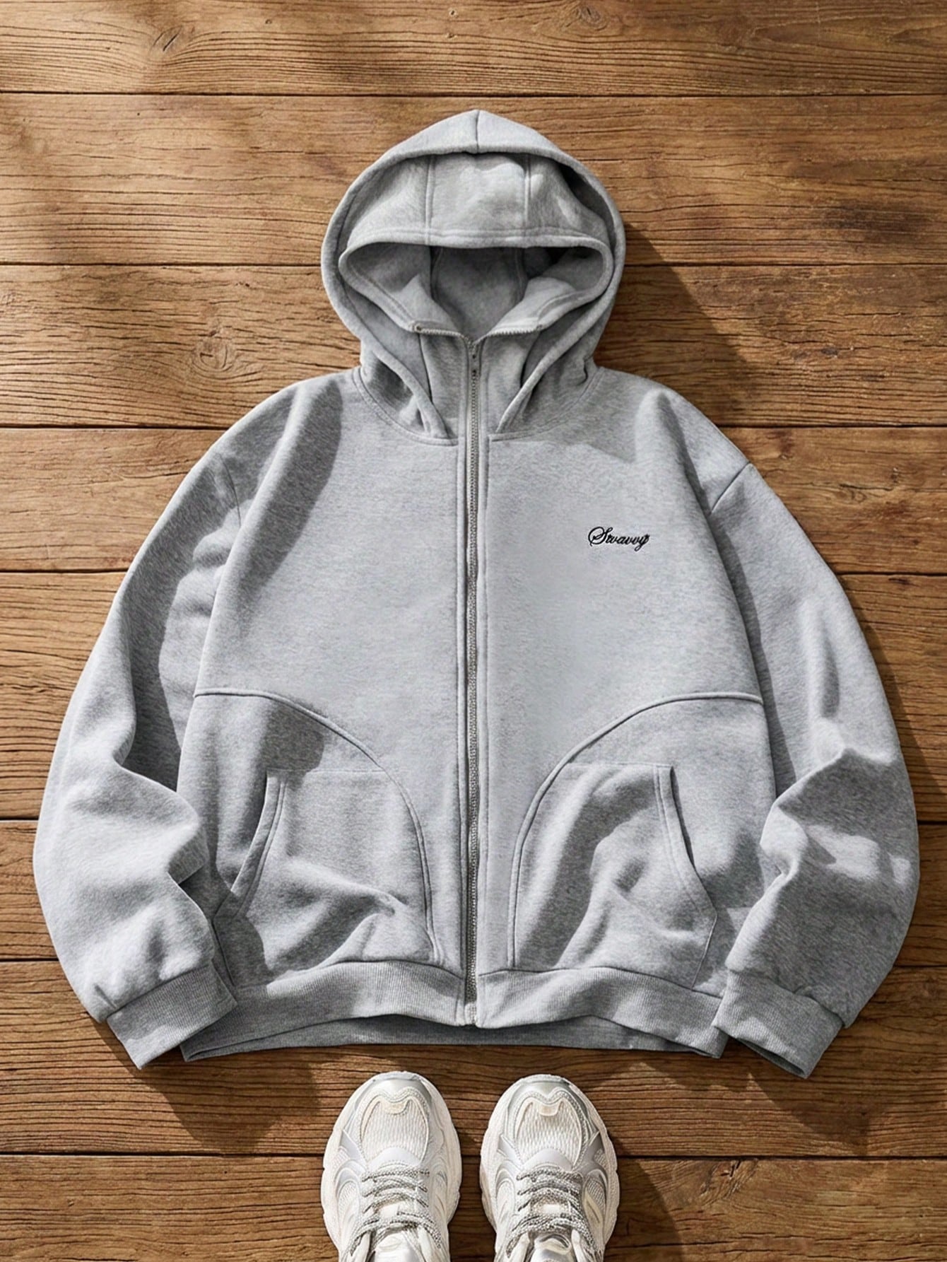Men's Letter Print Zip Front Casual Grey Streetwear Hoodie