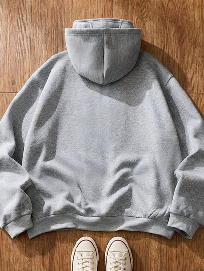 Men's Letter Print Zip Front Casual Grey Streetwear Hoodie