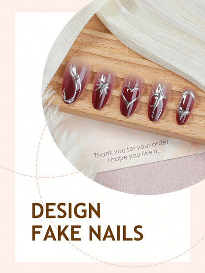 Valentine’s Y2K Heart & Chrome Almond Press-On Nails