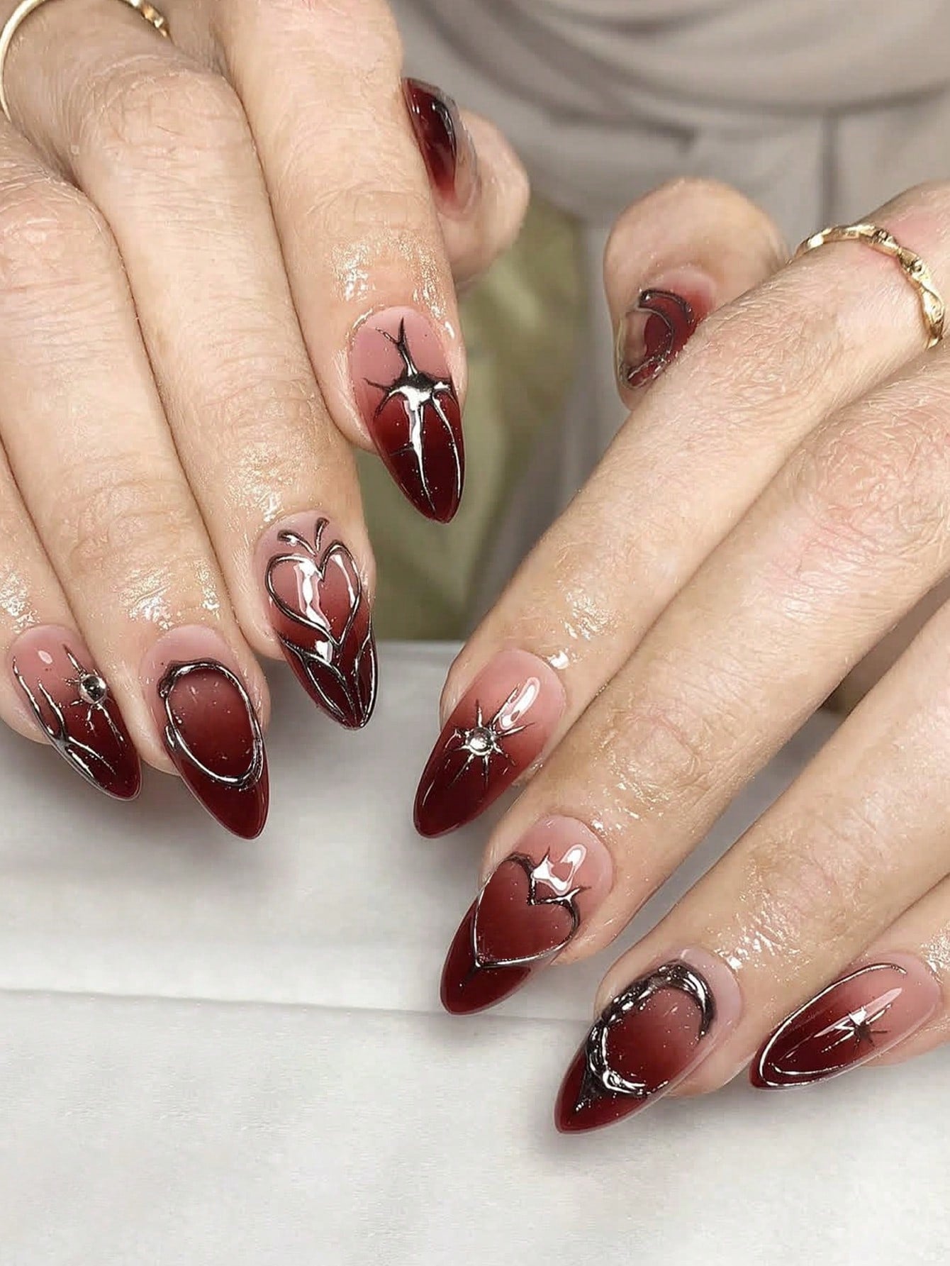 Valentine’s Y2K Heart & Chrome Almond Press-On Nails