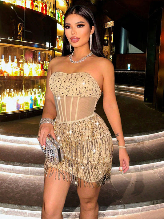 Gold Sequin & Mesh Mini Dress Elegant Party & Homecoming Outfit
