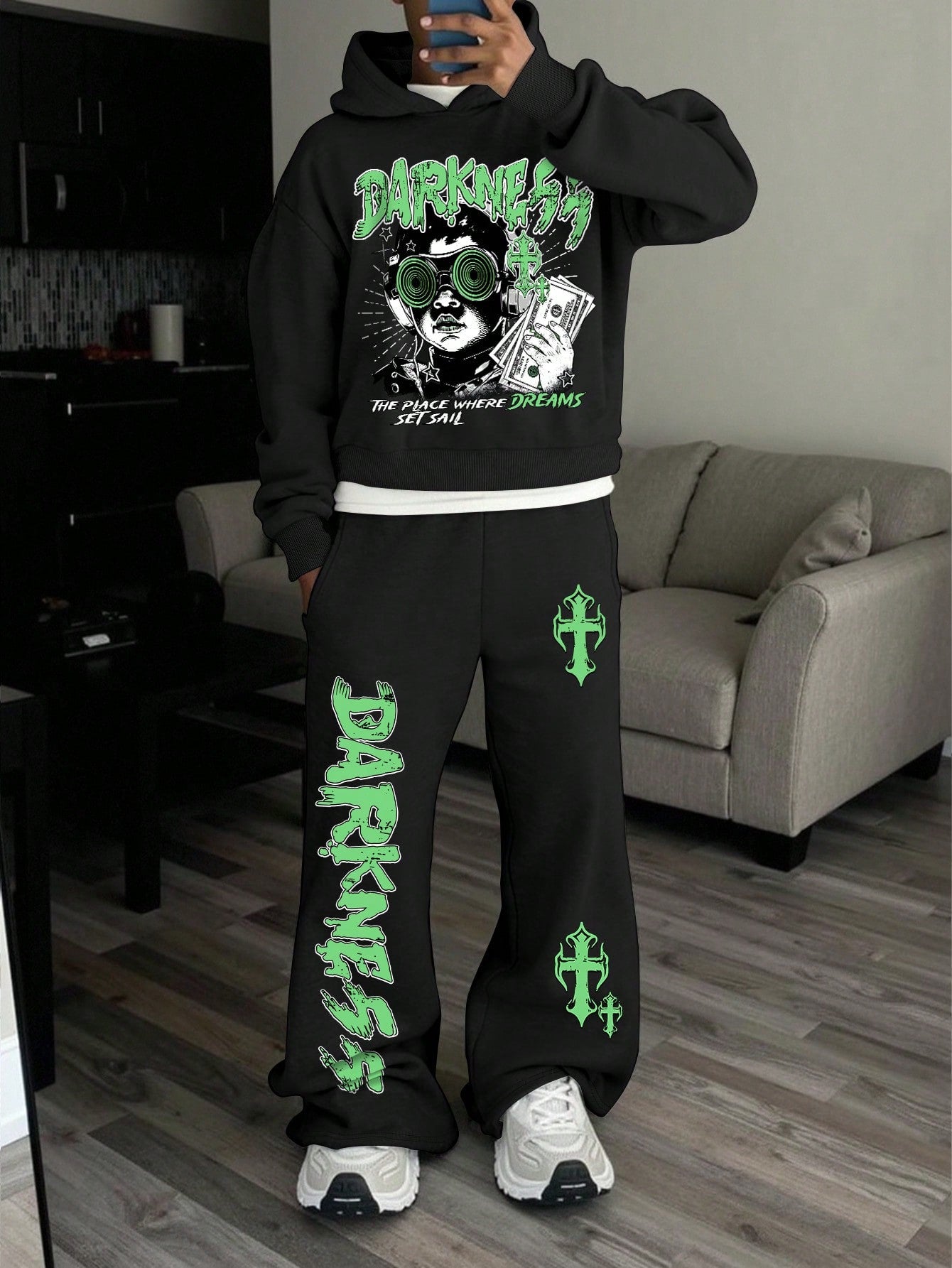 Men's Portrait Cross Slogan Graphic Hoodie & Pants Set