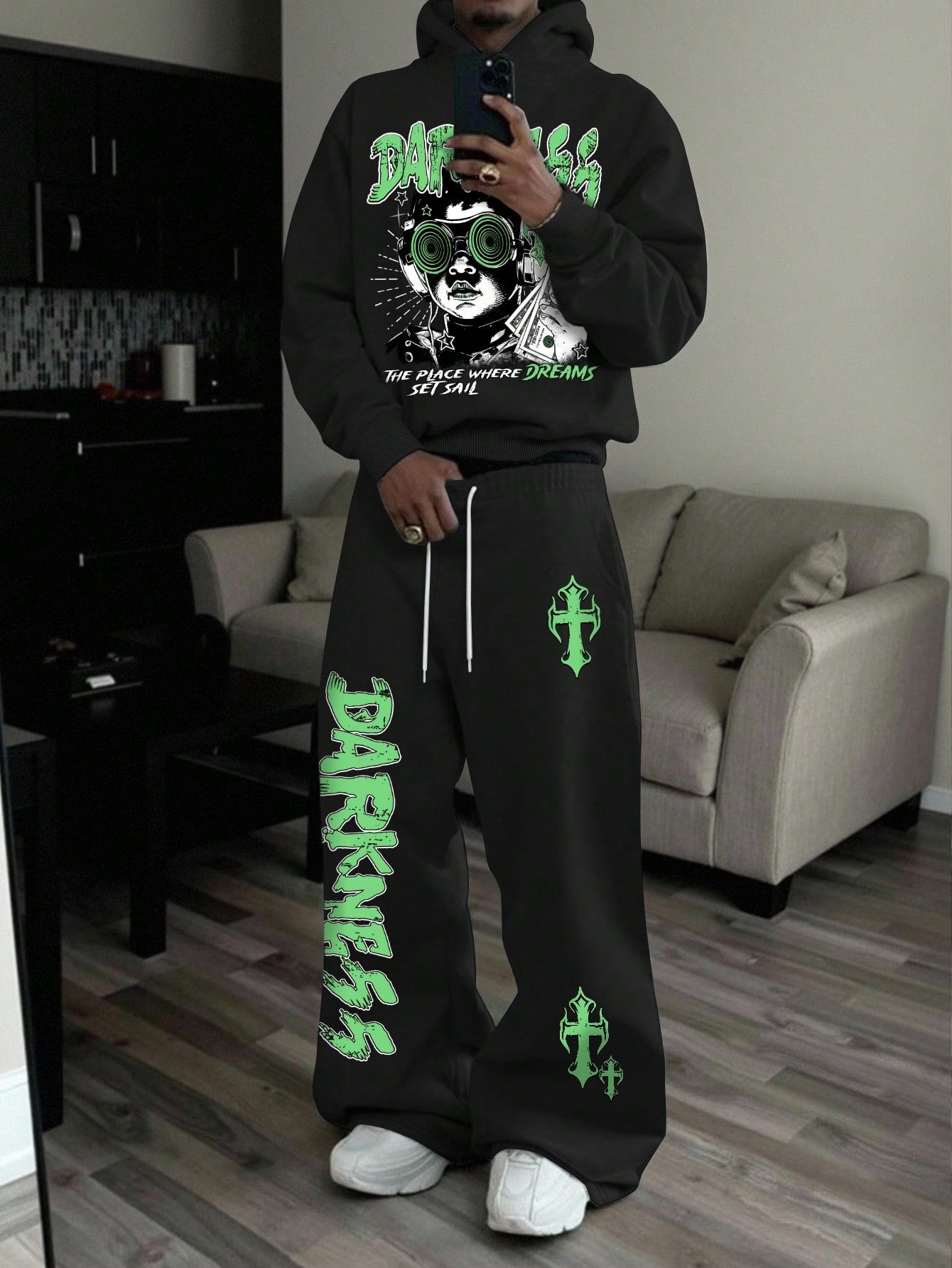 Men's Portrait Cross Slogan Graphic Hoodie & Pants Set