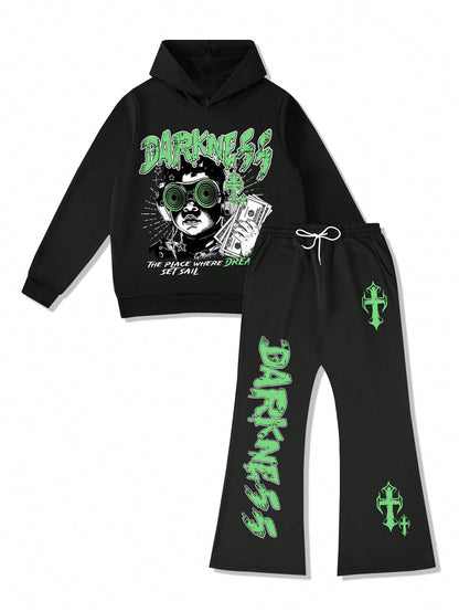 Men's Portrait Cross Slogan Graphic Hoodie & Pants Set