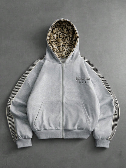 Men's Retro Leopard Print Plush Knitted Hooded Cardigan