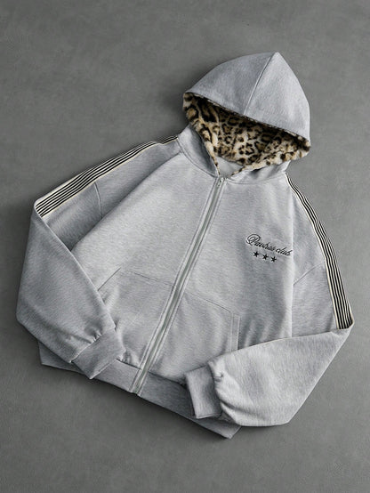 Men's Retro Leopard Print Plush Knitted Hooded Cardigan