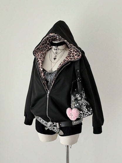 Plus Size Leopard Print Patchwork Hooded