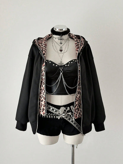 Plus Size Leopard Print Patchwork Hooded