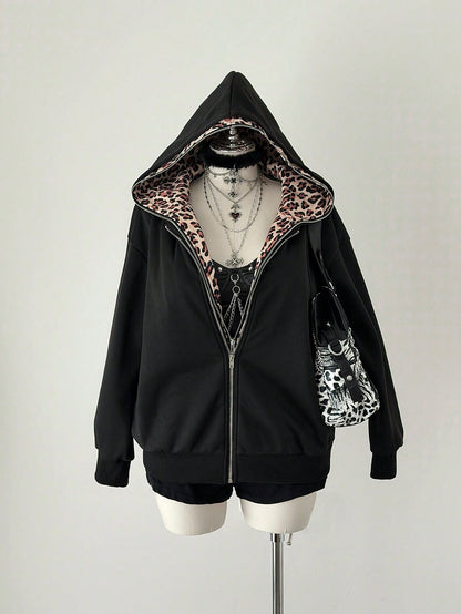 Plus Size Leopard Print Patchwork Hooded