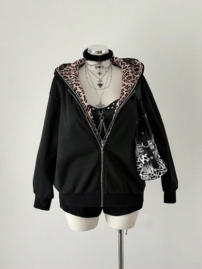 Plus Size Leopard Print Patchwork Hooded