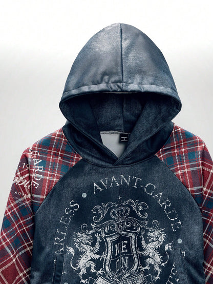 Men's Red and Black Plaid Digital Print Casual Hoodie