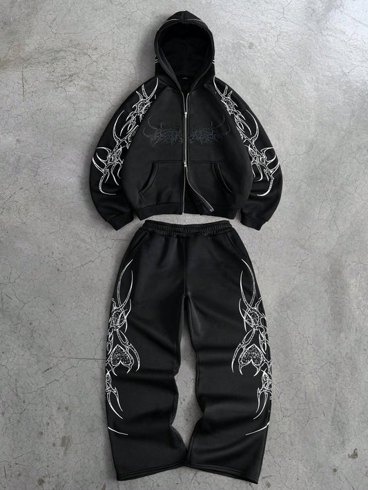 Men's Street Style Letter Embroidered Hoodie & Jogger Set