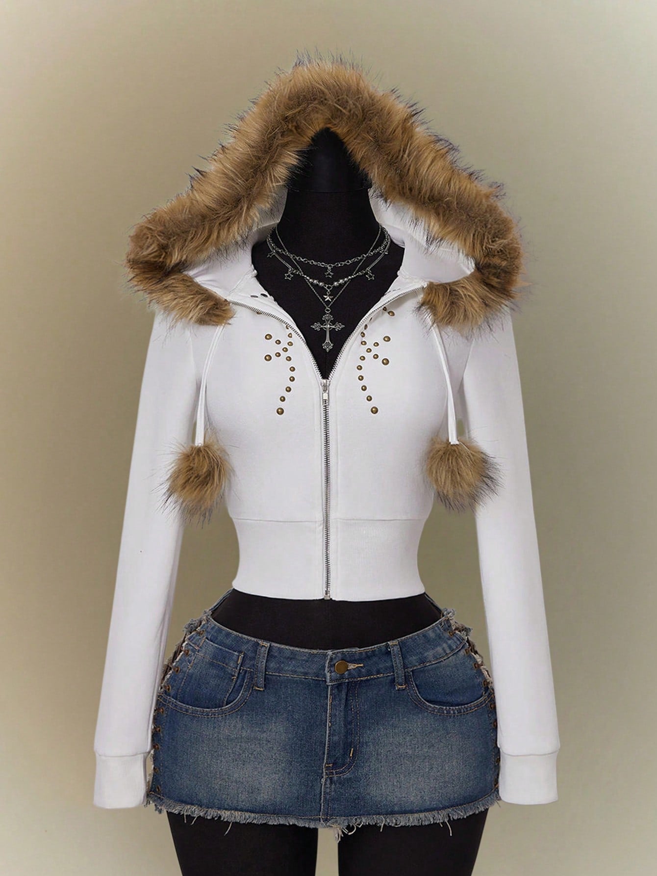 Women's White Y2K Long Sleeve Fuzzy Ball Zip-Up Hoodie
