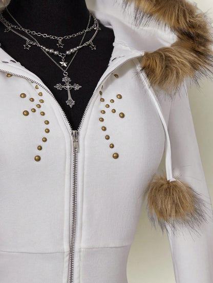 Women's White Y2K Long Sleeve Fuzzy Ball Zip-Up Hoodie