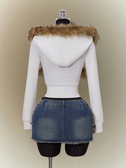 Women's White Y2K Long Sleeve Fuzzy Ball Zip-Up Hoodie