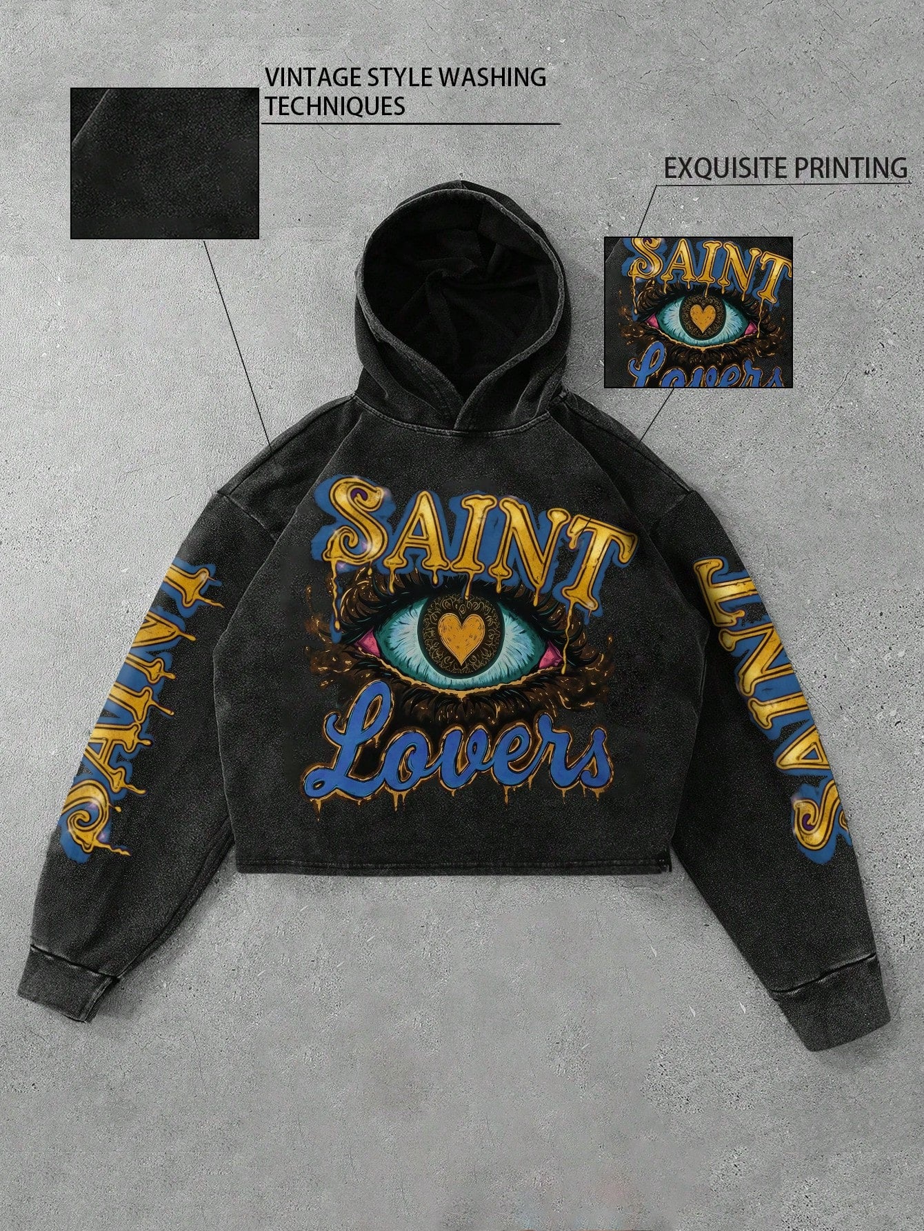 Men's Acid Wash Cropped Hoodie with Artistic Graphic