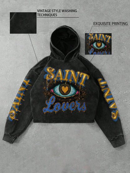 Men's Acid Wash Cropped Hoodie with Artistic Graphic
