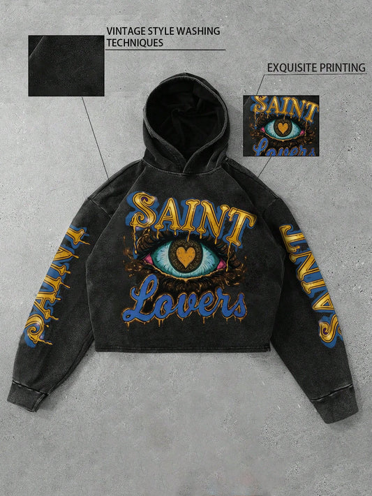 Men's Acid Wash Cropped Hoodie with Artistic Graphic