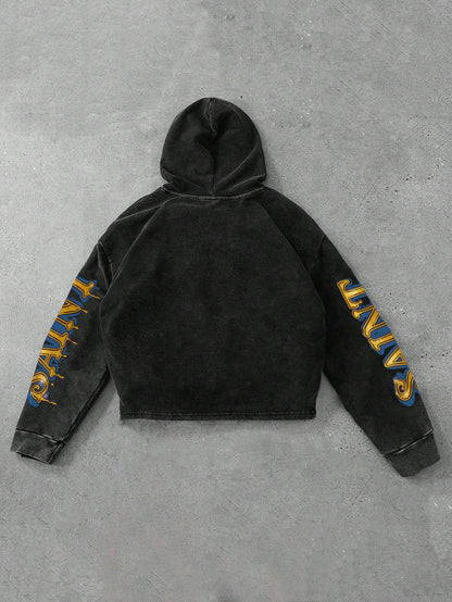 Men's Acid Wash Cropped Hoodie with Artistic Graphic