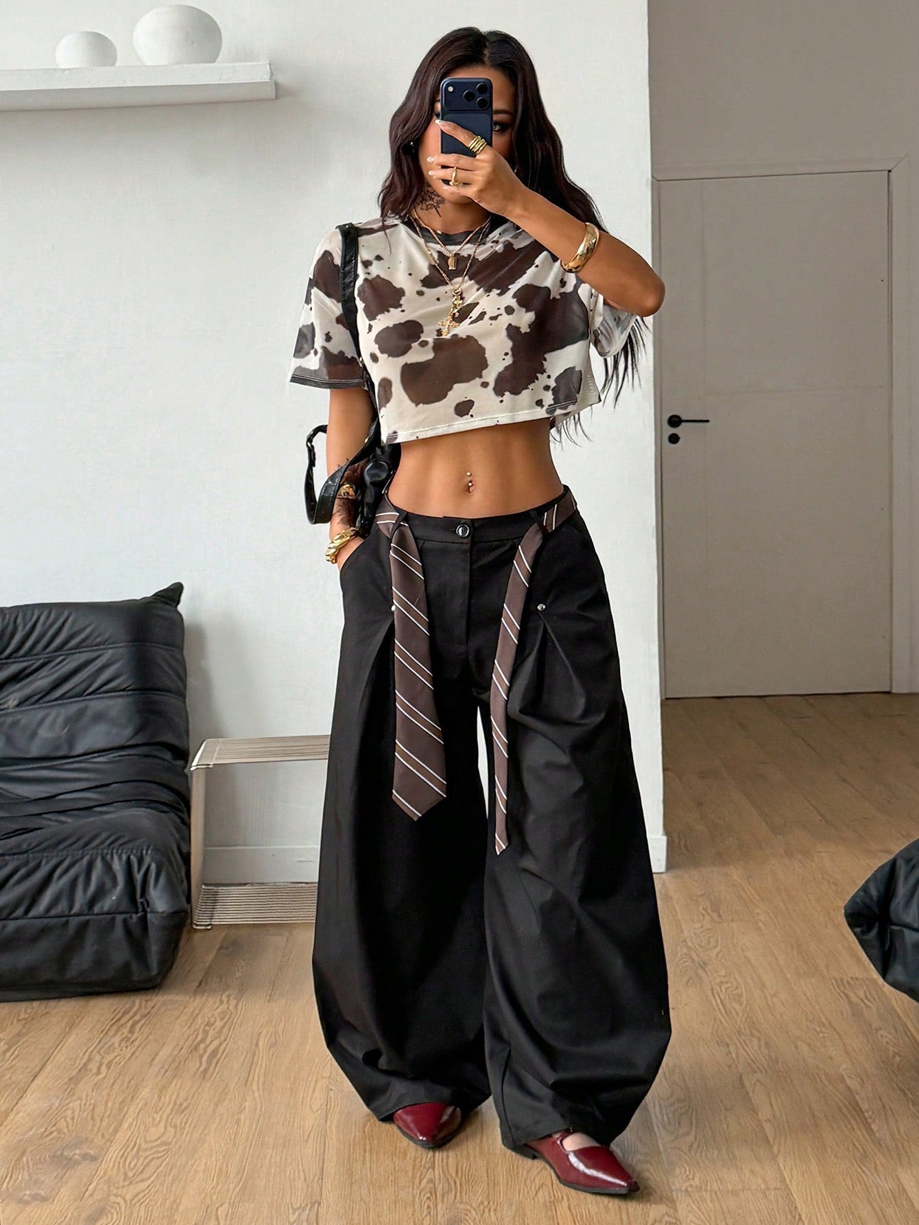 Y2K Country Cow Print Mesh Short Sleeve Crop Top