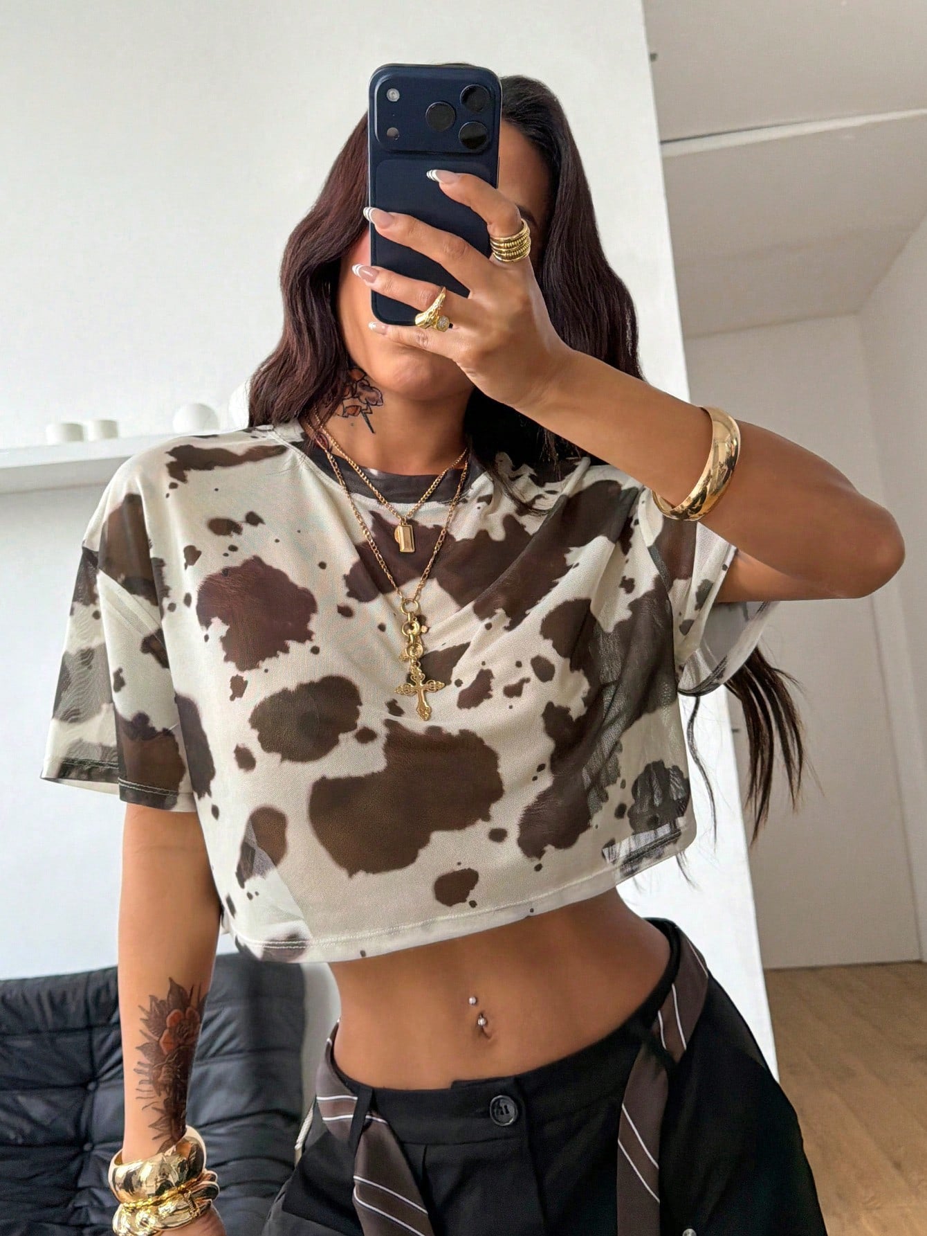 Y2K Country Cow Print Mesh Short Sleeve Crop Top