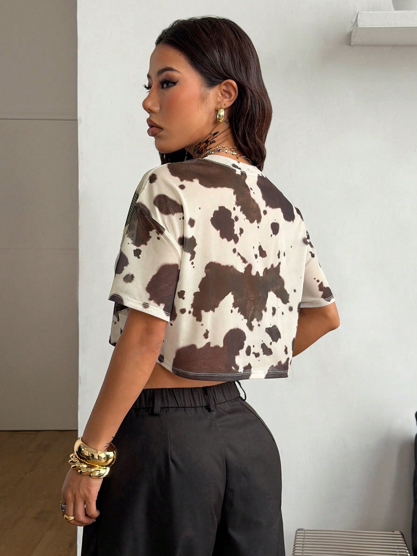 Y2K Country Cow Print Mesh Short Sleeve Crop Top