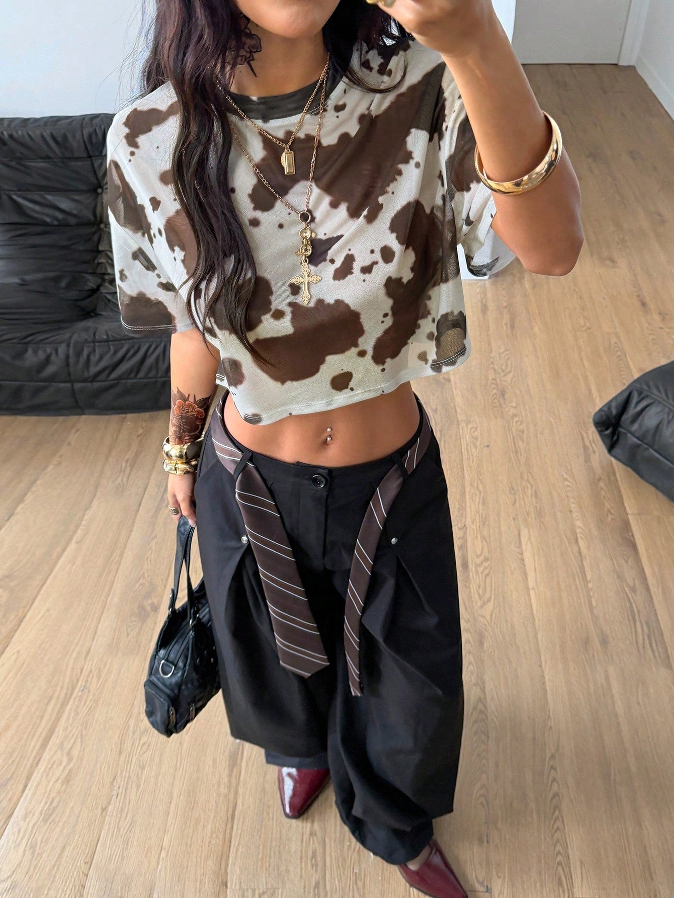 Y2K Country Cow Print Mesh Short Sleeve Crop Top