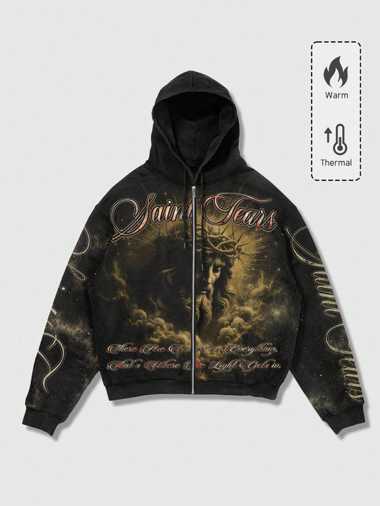 Men's Street Slogan Print Zip-Up Y2K Streetwear Hoodie