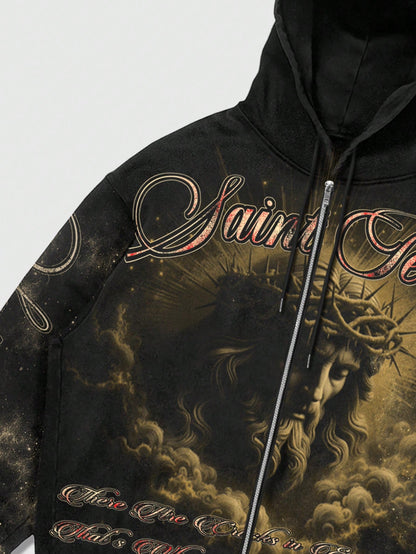 Men's Street Slogan Print Zip-Up Y2K Streetwear Hoodie