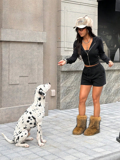 Women's Rhinestone Knit Long Sleeve Top and Shorts Set