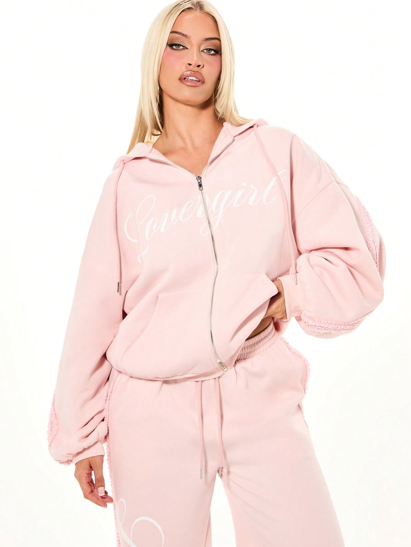 Women's Oversized Pink Ruffle Trim Drawstring Hoodie