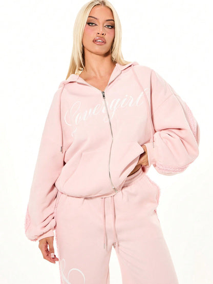 Women's Oversized Pink Ruffle Trim Drawstring Hoodie