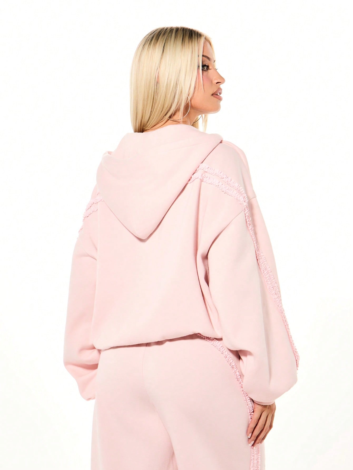 Women's Oversized Pink Ruffle Trim Drawstring Hoodie