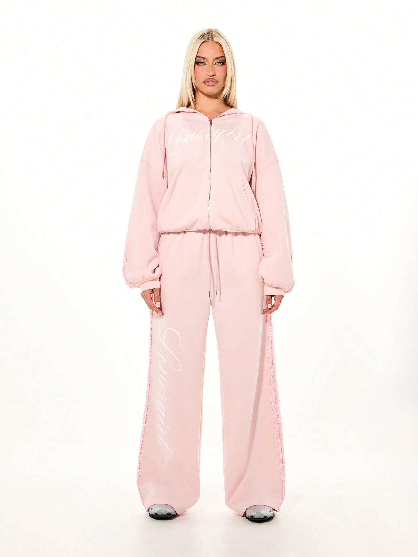 Women's Oversized Pink Ruffle Trim Drawstring Hoodie