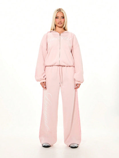 Women's Oversized Pink Ruffle Trim Drawstring Hoodie