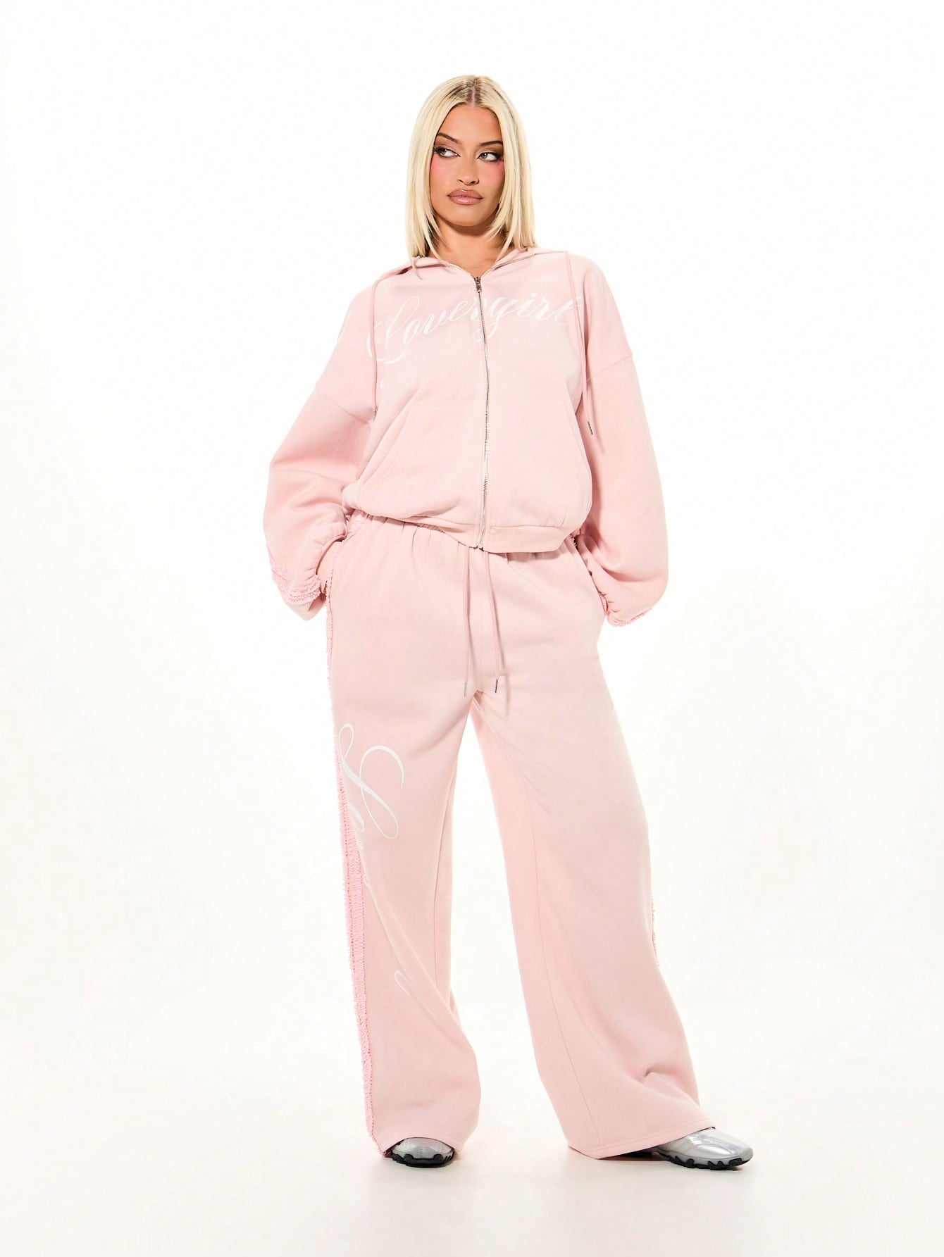 Women's Oversized Pink Ruffle Trim Drawstring Hoodie