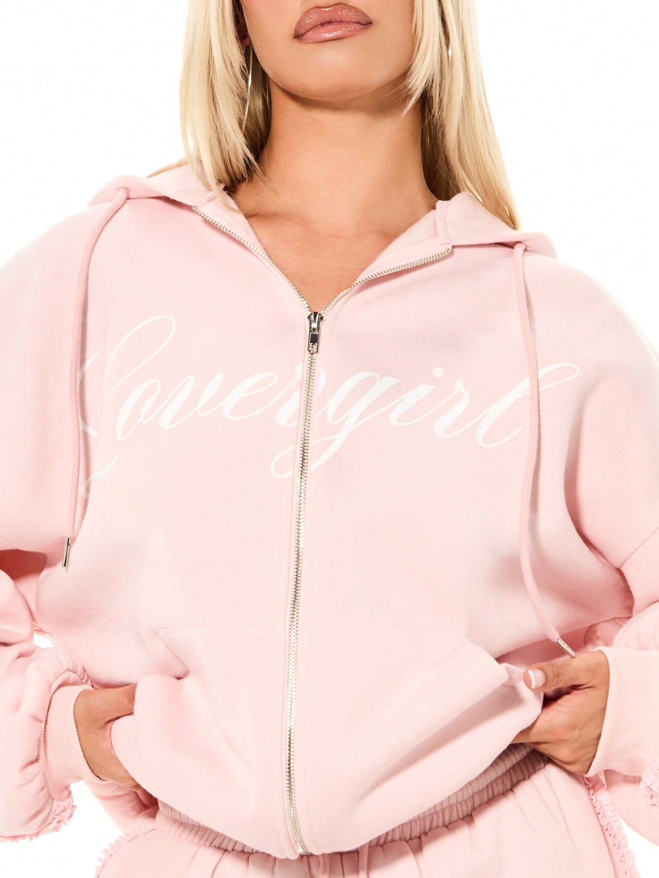 Women's Oversized Pink Ruffle Trim Drawstring Hoodie