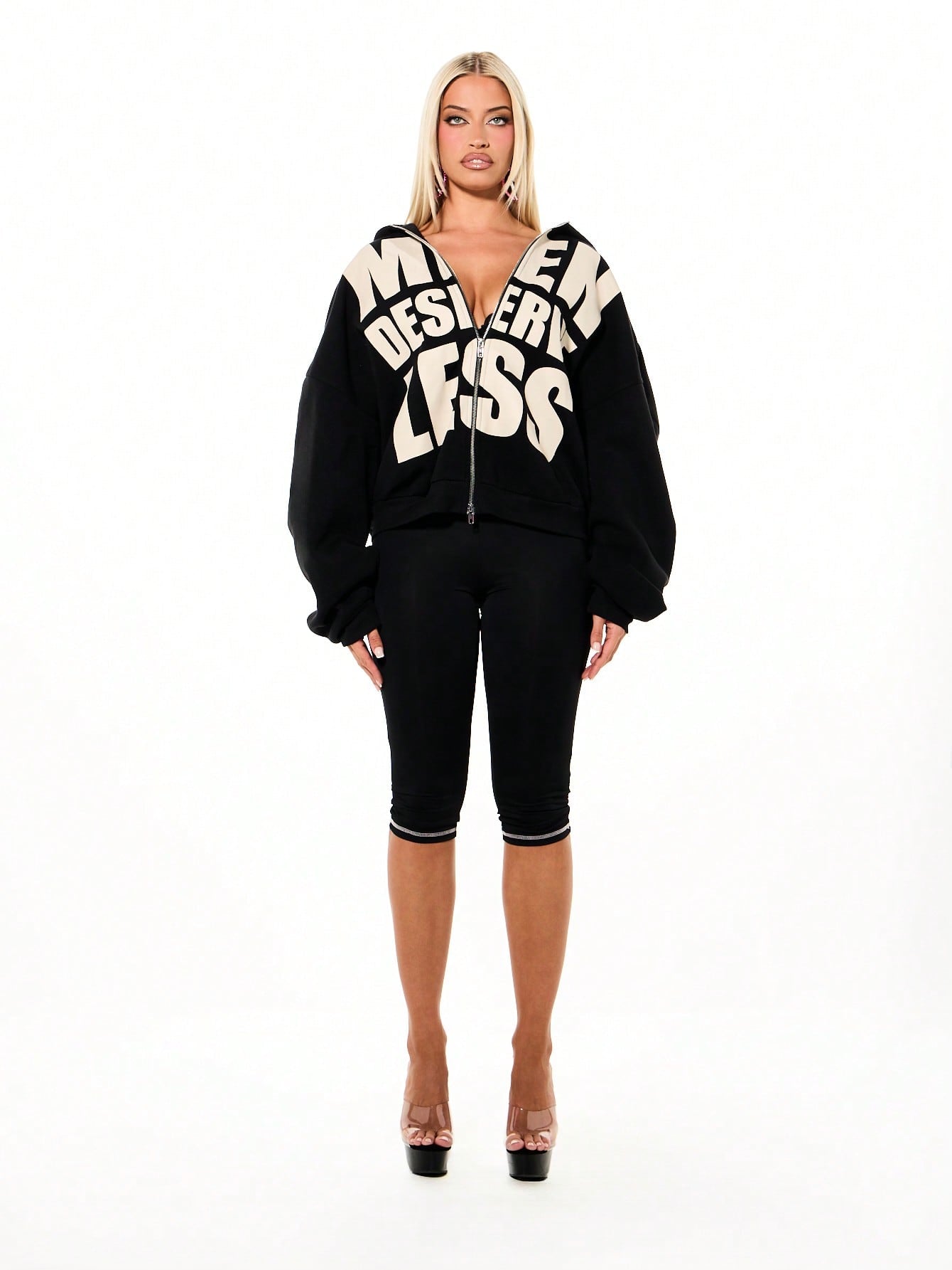 Oversized Black Boxy Zip-Up Hoodie with Graphic Print