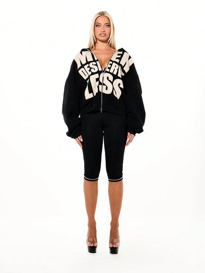 Oversized Black Boxy Zip-Up Hoodie with Graphic Print